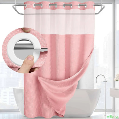 Hookless shower curtain with snap-button lining - Waterproof double-layer shower curtain