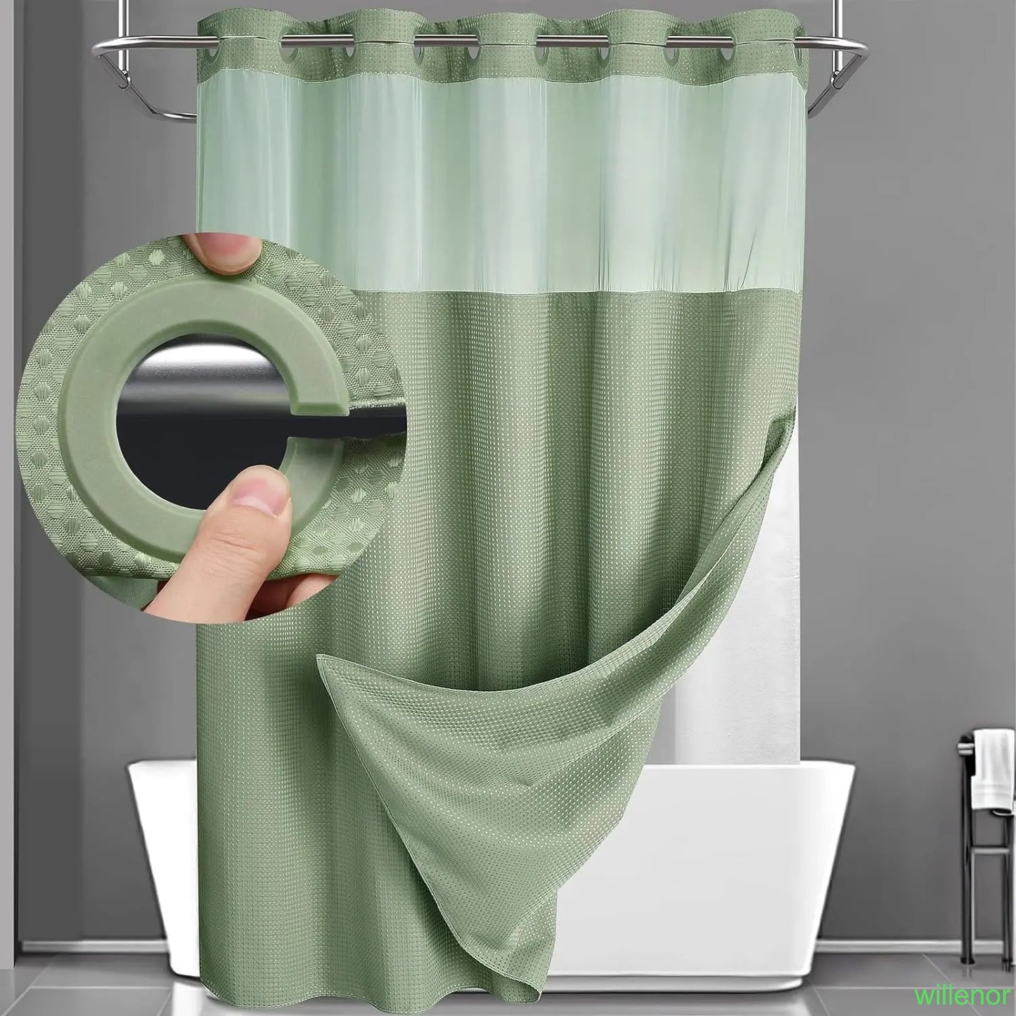 Hookless shower curtain with snap-button lining - Waterproof double-layer shower curtain