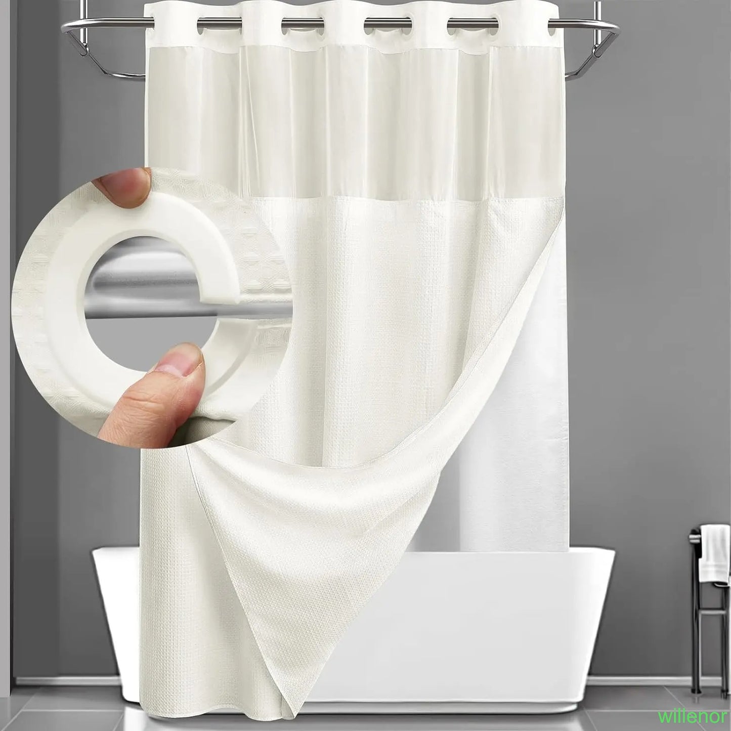Hookless shower curtain with snap-button lining - Waterproof double-layer shower curtain