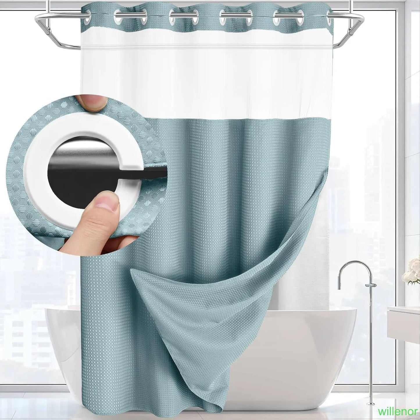 Hookless shower curtain with snap-button lining - Waterproof double-layer shower curtain