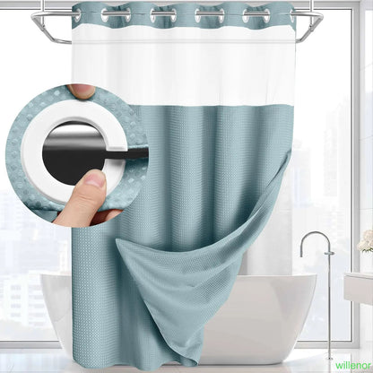 Hookless shower curtain with snap-button lining - Waterproof double-layer shower curtain