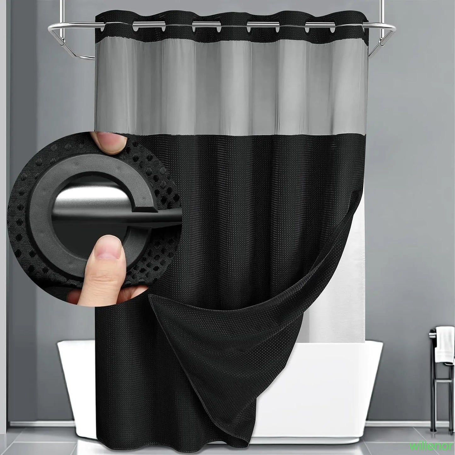 Hookless shower curtain with snap-button lining - Waterproof double-layer shower curtain