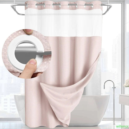 Hookless shower curtain with snap-button lining - Waterproof double-layer shower curtain