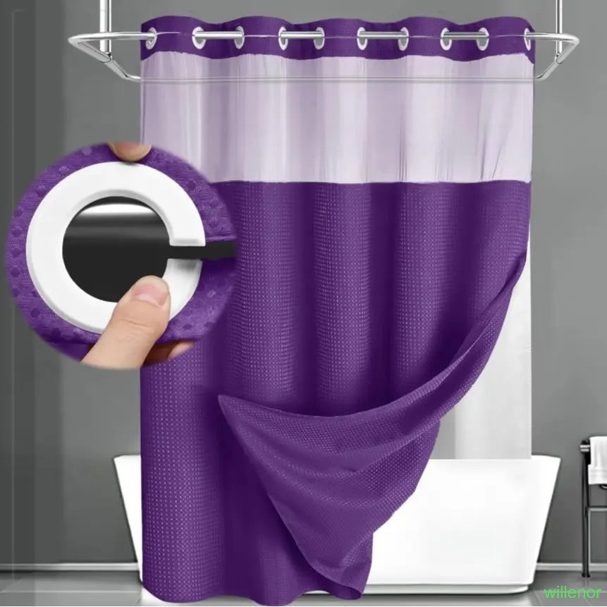 Hookless shower curtain with snap-button lining - Waterproof double-layer shower curtain