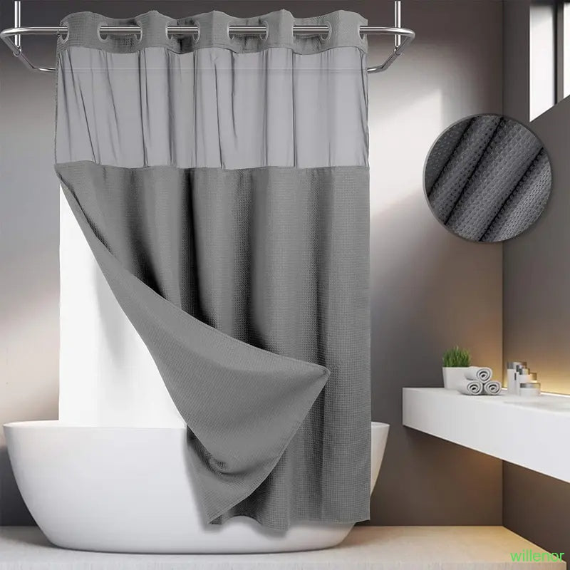 Hookless shower curtain with snap-button lining - Waterproof double-layer shower curtain