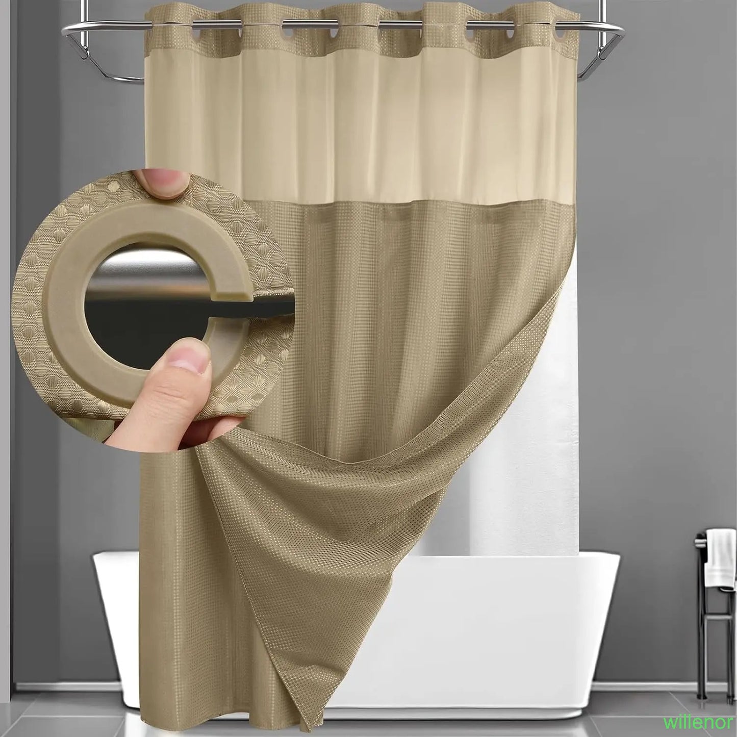 Hookless shower curtain with snap-button lining - Waterproof double-layer shower curtain