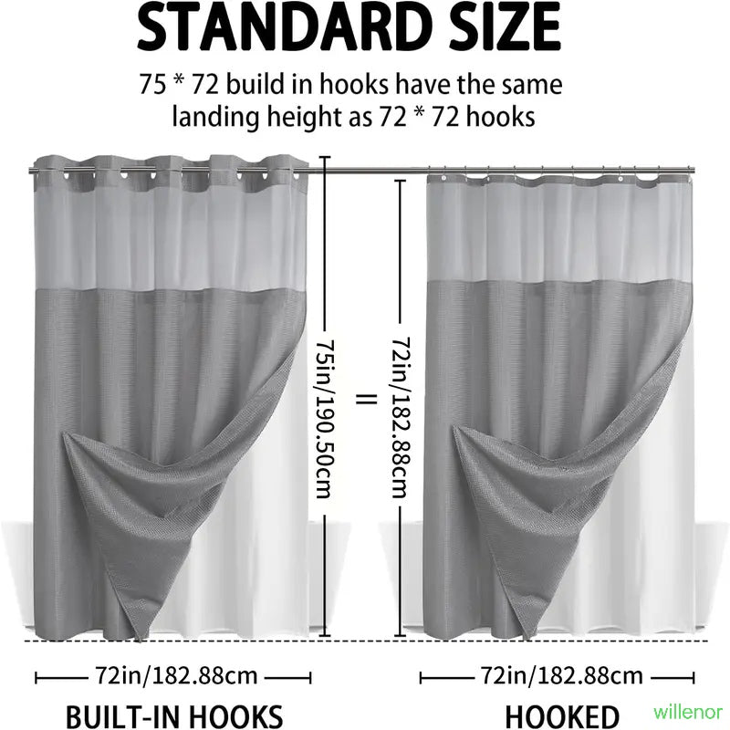 Hookless shower curtain with snap-button lining - Waterproof double-layer shower curtain
