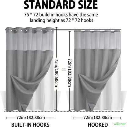 Hookless shower curtain with snap-button lining - Waterproof double-layer shower curtain
