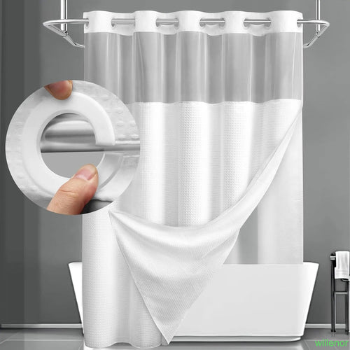Hookless shower curtain with snap-button lining - Waterproof double-layer shower curtain