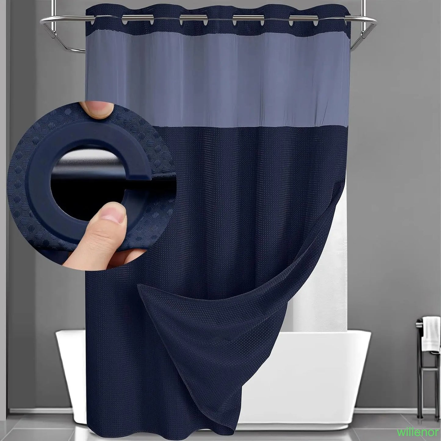 Hookless shower curtain with snap-button lining - Waterproof double-layer shower curtain