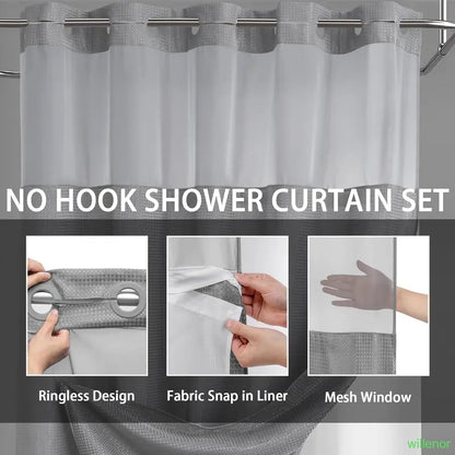Hookless shower curtain with snap-button lining - Waterproof double-layer shower curtain
