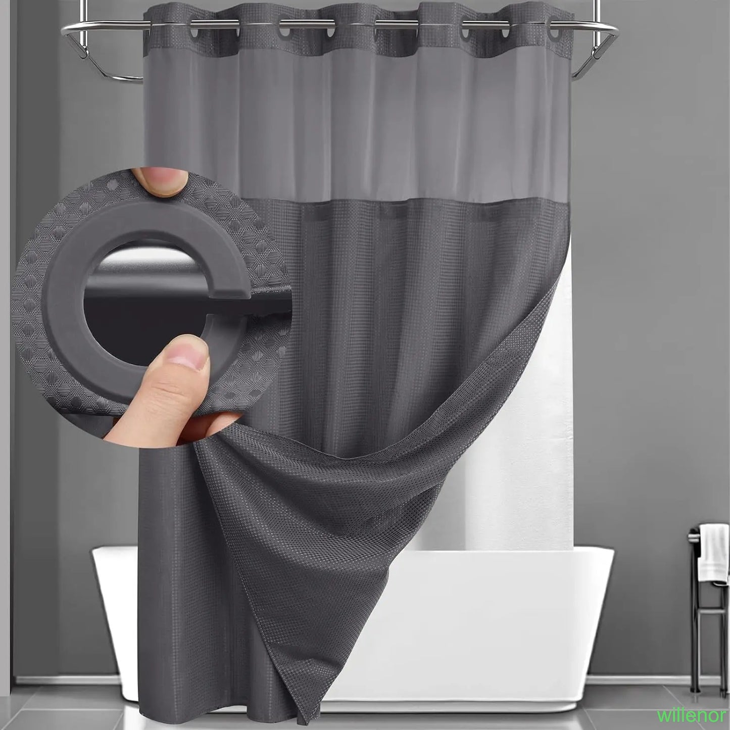 Hookless shower curtain with snap-button lining - Waterproof double-layer shower curtain