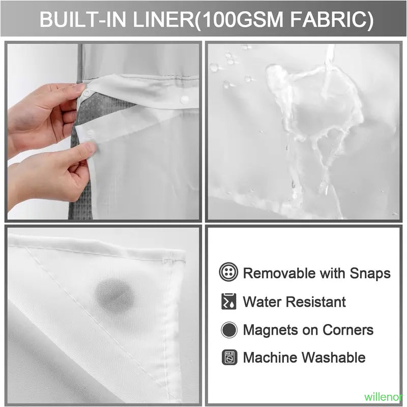 Hookless shower curtain with snap-button lining - Waterproof double-layer shower curtain