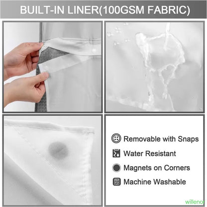 Hookless shower curtain with snap-button lining - Waterproof double-layer shower curtain